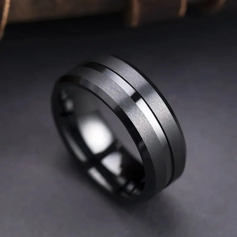 Men's Black Titanium Wedding Band Ring 8mm Double Groove Beveled Edge Stainless Steel