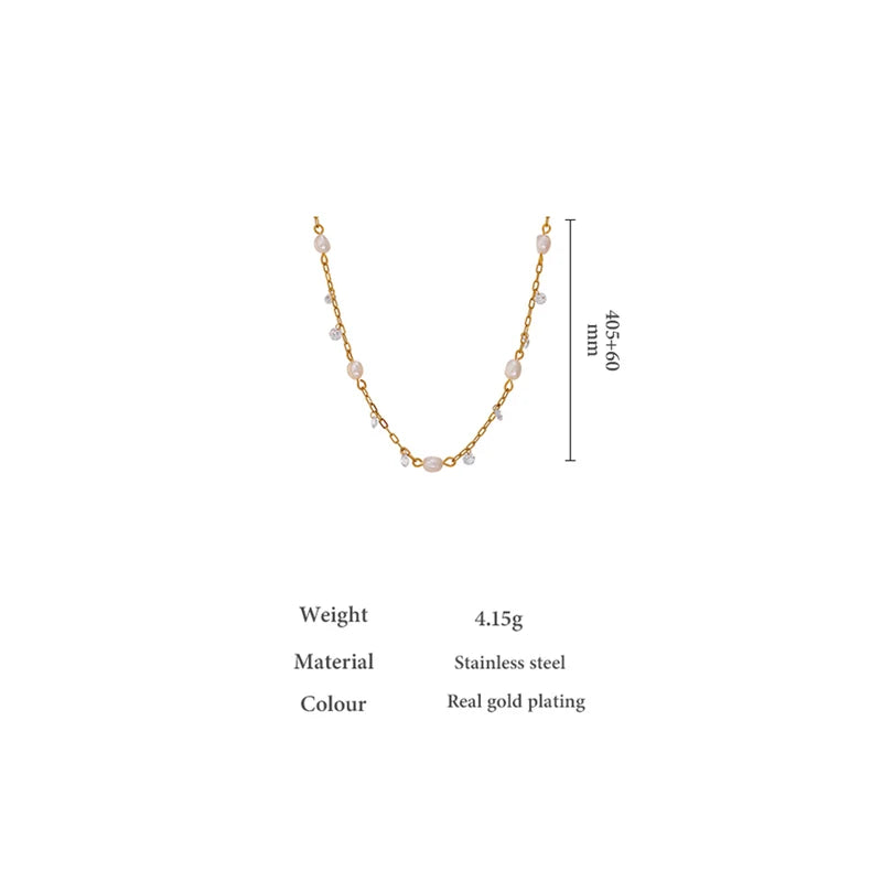 Women’s Stainless Steel Chain Necklace with Pearls and Cubic Zirconia