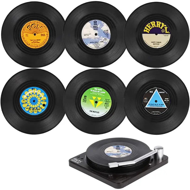 Set of 6 Vinyl Record Coasters with Holder - Retro Music Drink Pads