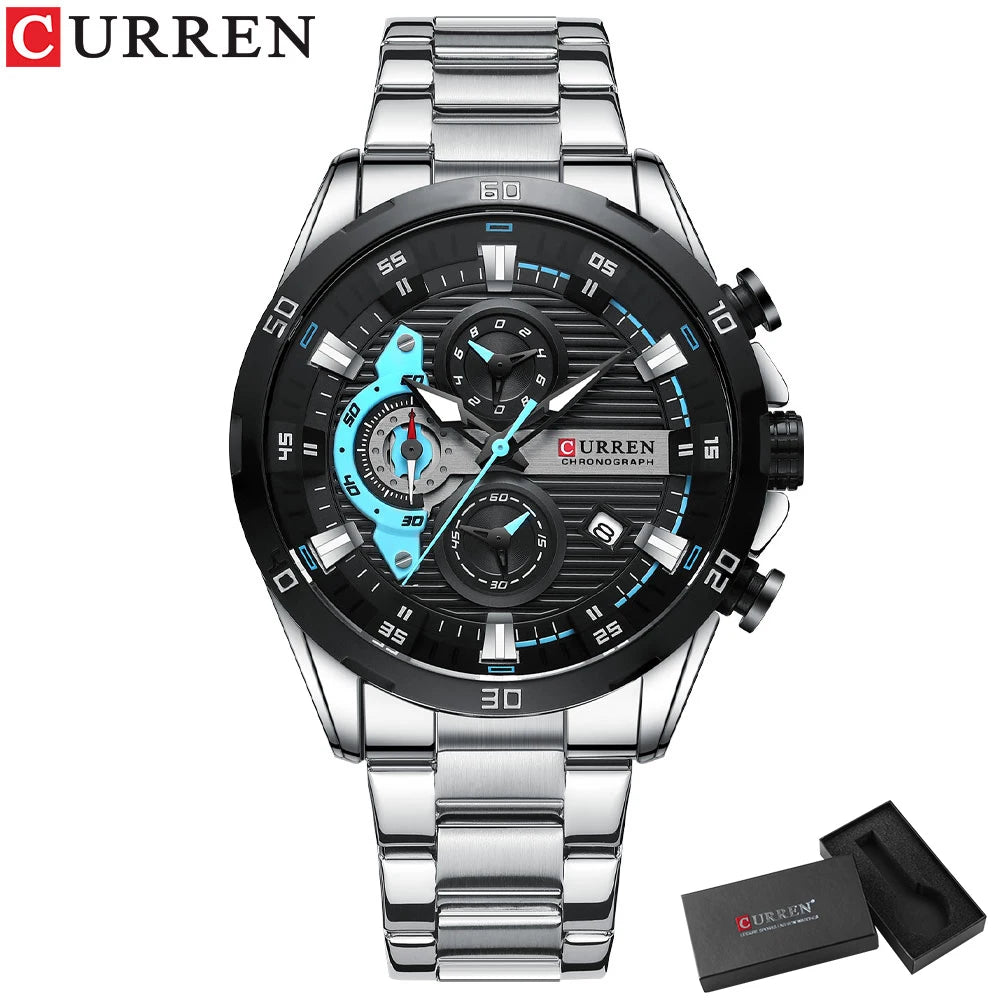 Men's Stainless Steel Chronograph Watch with Luminous Dial Casual Wristwatch