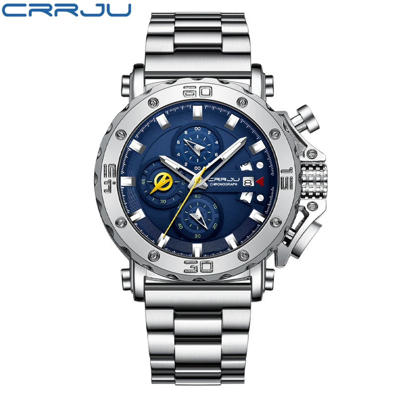 Men's Luxury Stainless Steel Waterproof Chronograph Watch with Big Dial and Date