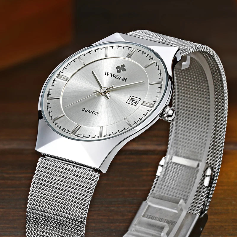 Men's Ultra Thin Quartz Waterproof Mesh Steel Watch - Business Wristwatch with Date