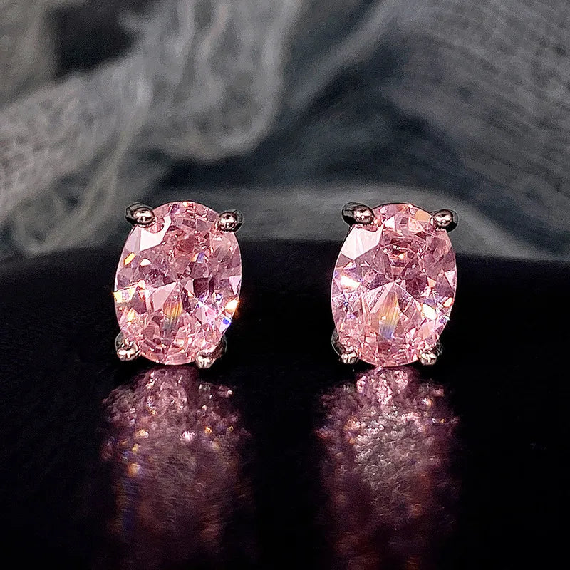 Simple Stud Earrings with Oval Cubic Zirconia for Ladies & Teens - Multiple Colors