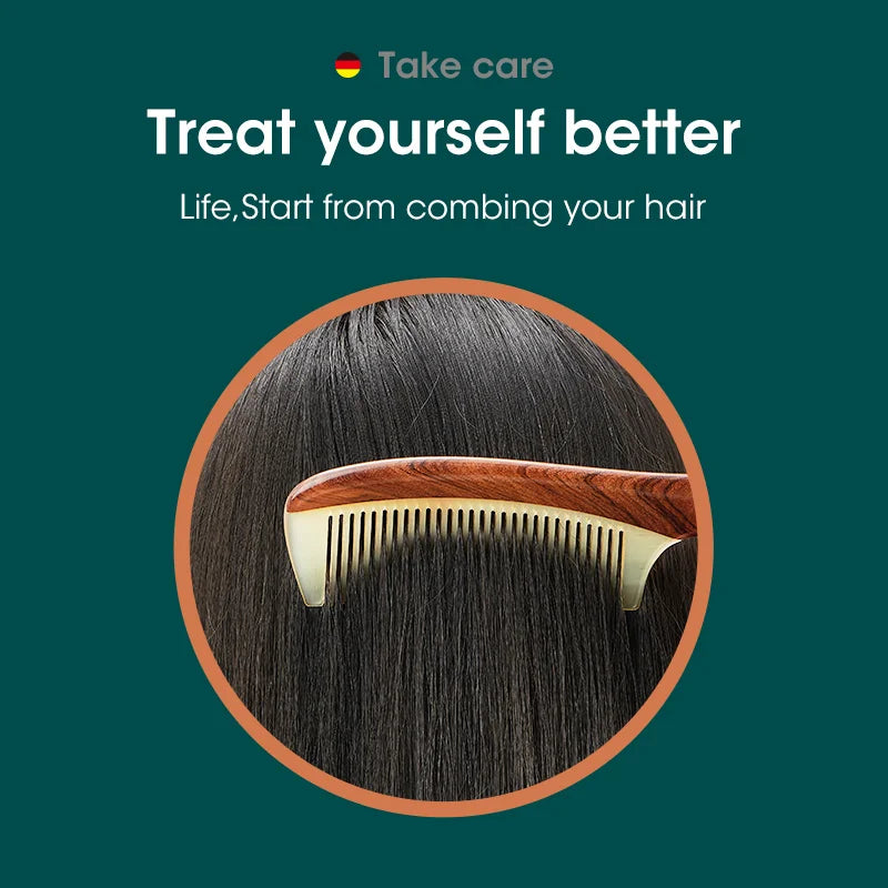 Natural Wood Hair Comb with Horn Splicing, Anti-Static, Massage & Acupuncture Points