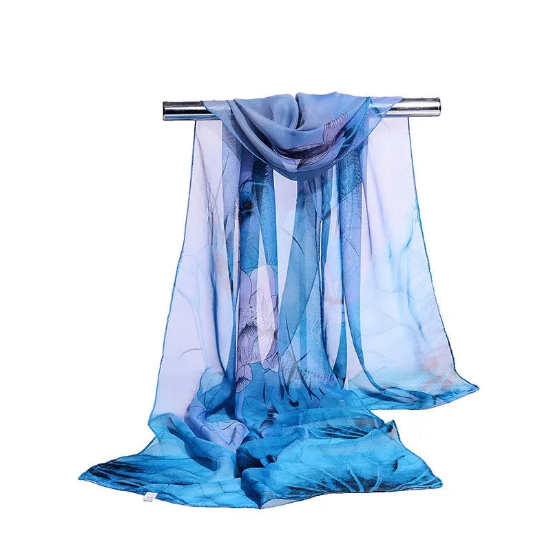 Fashion Print Silk Chiffon Scarf with Floral and Striped Designs - Multiple Colors