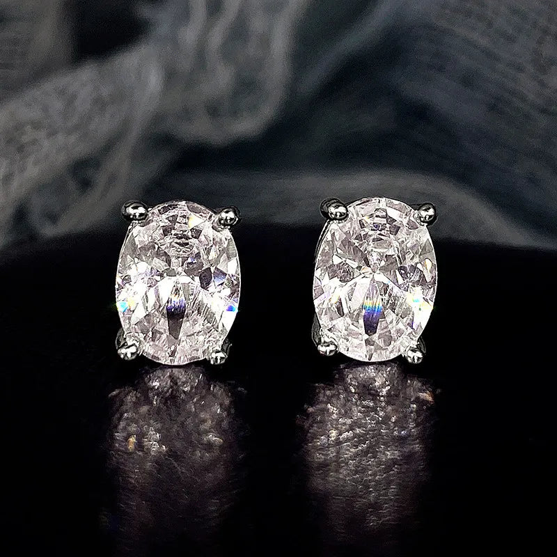 Simple Stud Earrings with Oval Cubic Zirconia for Ladies & Teens - Multiple Colors