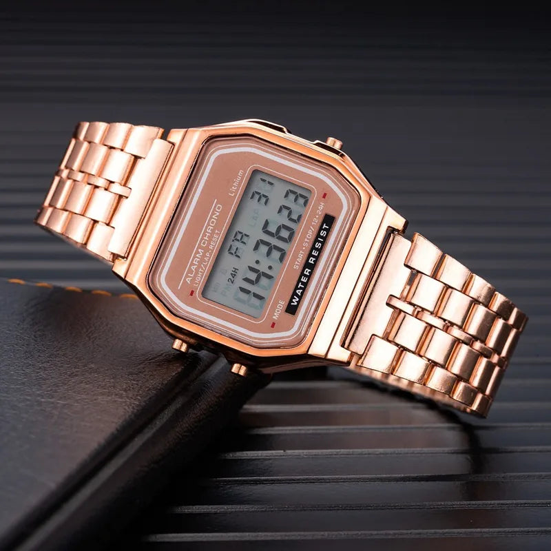 Women's LED Digital Watch - Rose Gold Silicone Casual Ladies Watch