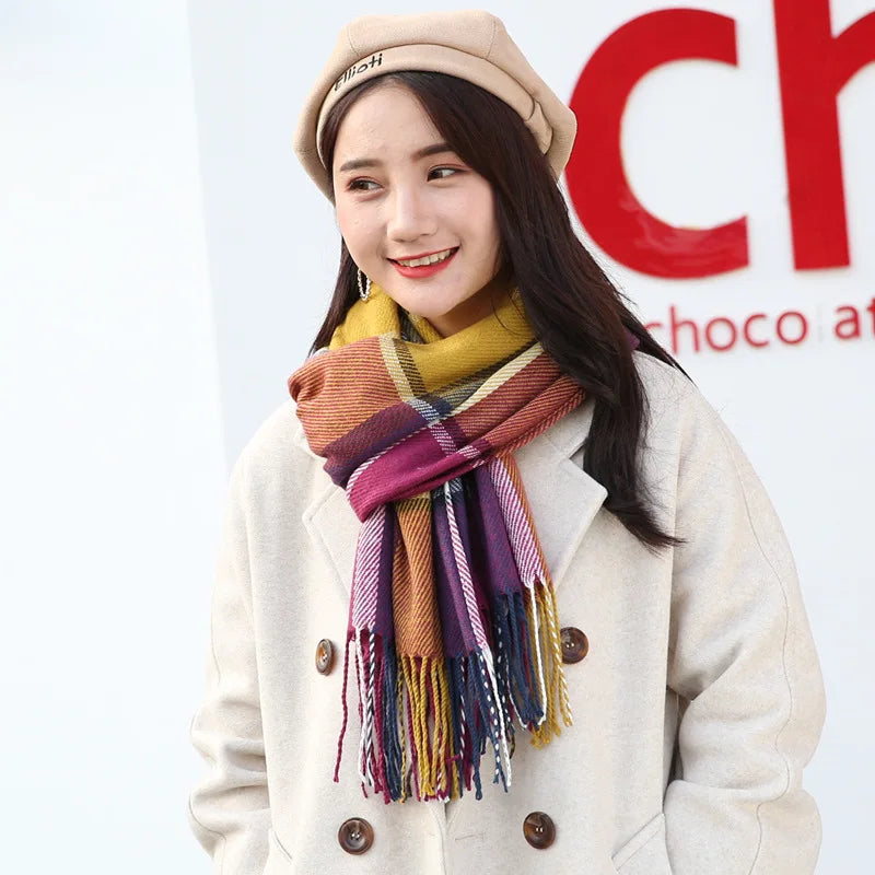 Women Cashmere Scarf Wool Plaid Wrap Long Shawl Warm Winter Accessory