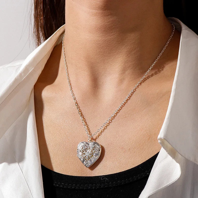 Sweet Peach Heart Necklace with Photo Pendant for Women - Gold or Silver