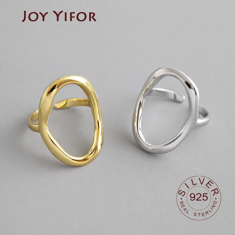 Adjustable Geometric Silver & Gold Hollow Oval Ring for Women