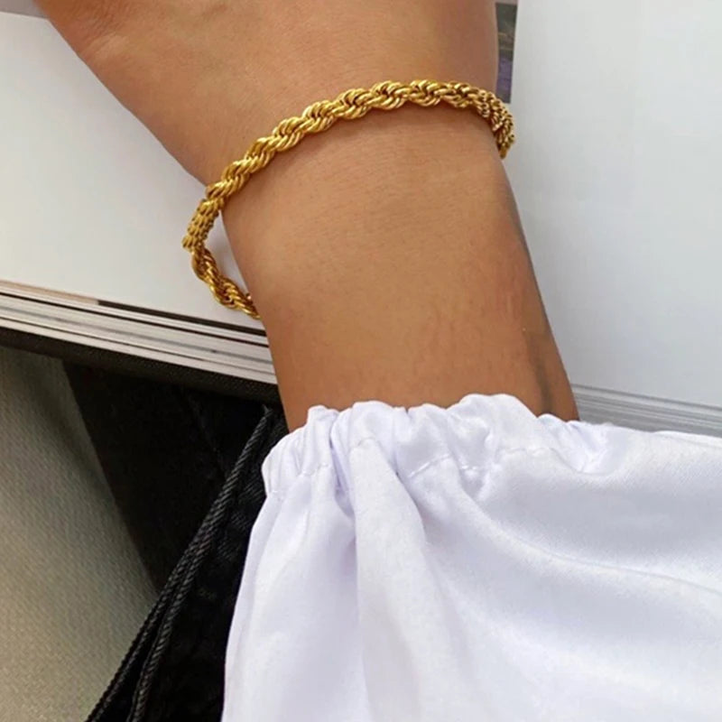 Gold Color Stainless Steel Rope Chain Bracelet for Women - Hip Hop Punk Fashion Jewelry