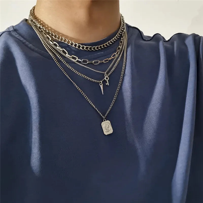 Goth Punk Multilayer Chain Necklace Set with Spike Rivets and Pendant for Women Men Statement Jewelry