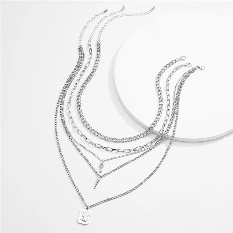 Goth Punk Multilayer Chain Necklace Set with Spike Rivets and Pendant for Women Men Statement Jewelry