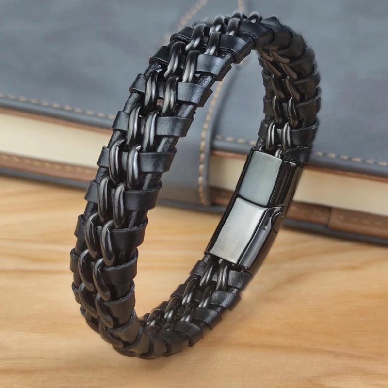 Leather Chain Bracelet for Men with Magnetic Steel Clasp - Gold Plated Jewelry