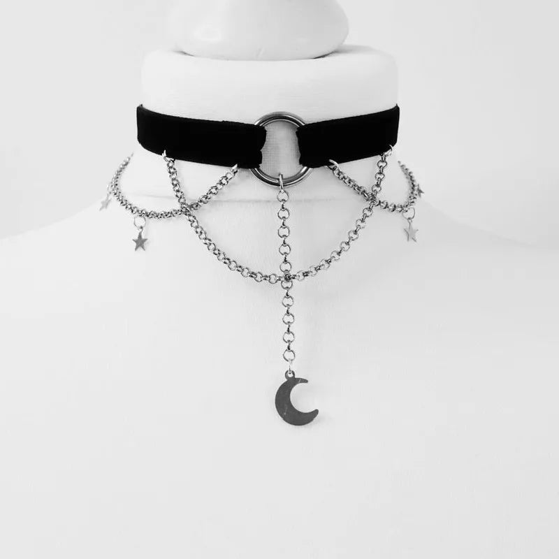 Gothic Crescent Moon Choker Necklace - Black Velvet Statement Jewelry for Women
