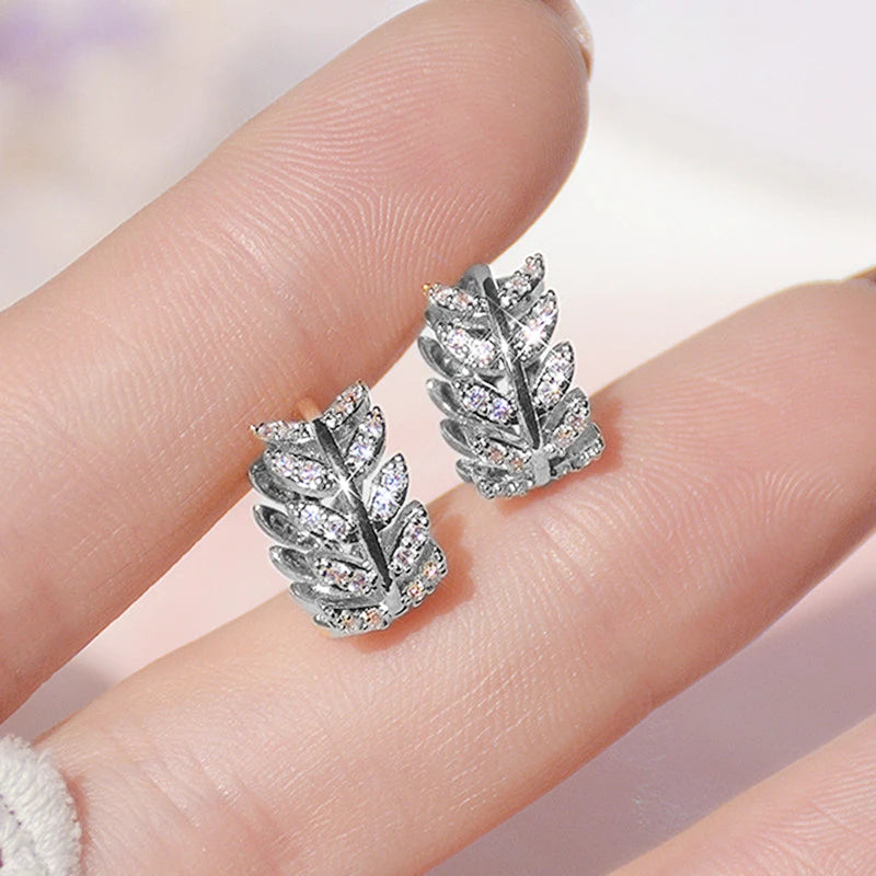 Delicate Leaf Hoop Earrings with CZ for Women - Silver or Gold Color