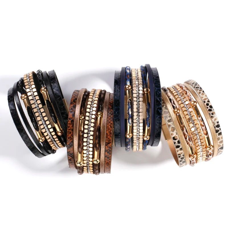 Multilayer Crystal Snake Skin Leather Bracelet for Women Bohemian Party Jewelry