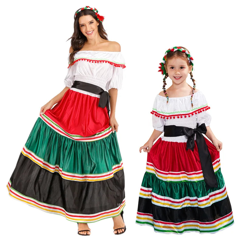 Women Mexican Off Shoulder Costume Dress for Halloween Carnival and Party