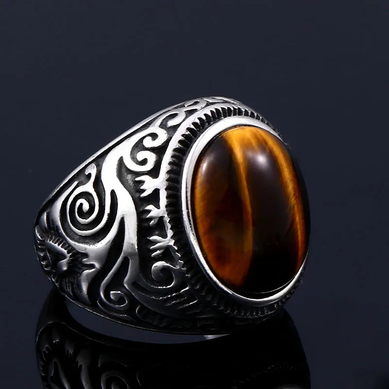 Vintage Man Boy Oval Tiger Eye Stone Ring in Stainless Steel Jewelry