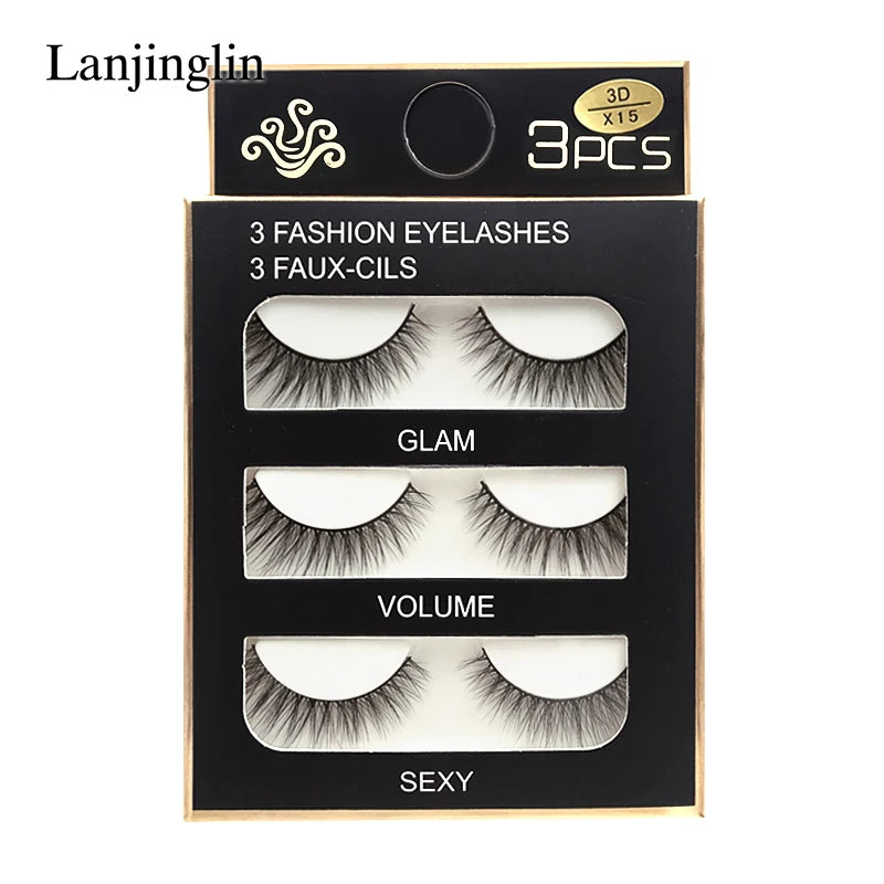 3 Pairs Natural Long Wispy False Eyelashes - Soft 3D Mink Fluffy Makeup Extension