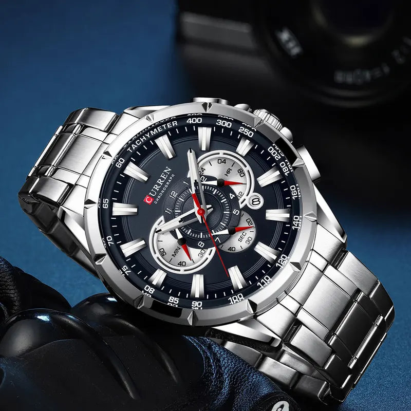 Men's Sport Chronograph Watch with Stainless Steel Band and Big Dial