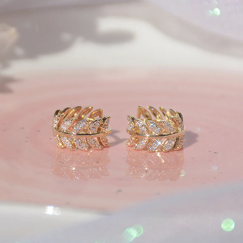 Delicate Leaf Hoop Earrings with CZ for Women - Silver or Gold Color