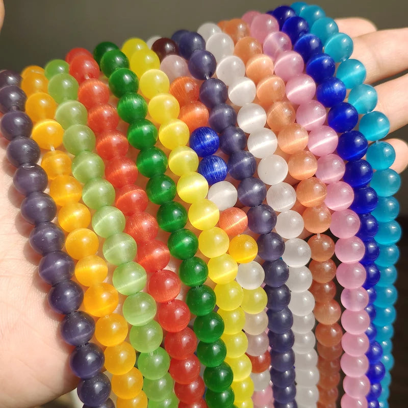 Natural Stone Glass Beads for Jewelry Making - Pink Cat Eye Opal Loose Beads 4-12mm, 15 Inch Strand