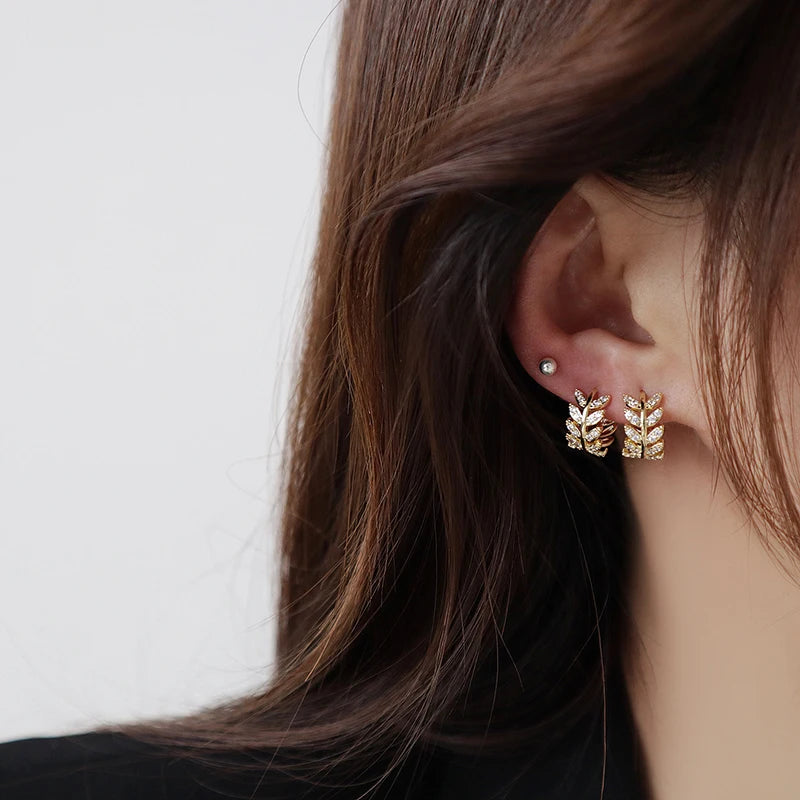 Delicate Leaf Hoop Earrings with CZ for Women - Silver or Gold Color