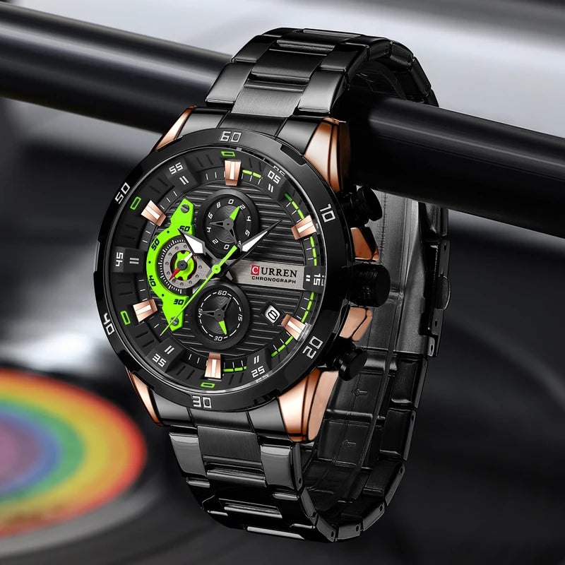 Men's Stainless Steel Chronograph Watch with Luminous Dial Casual Wristwatch