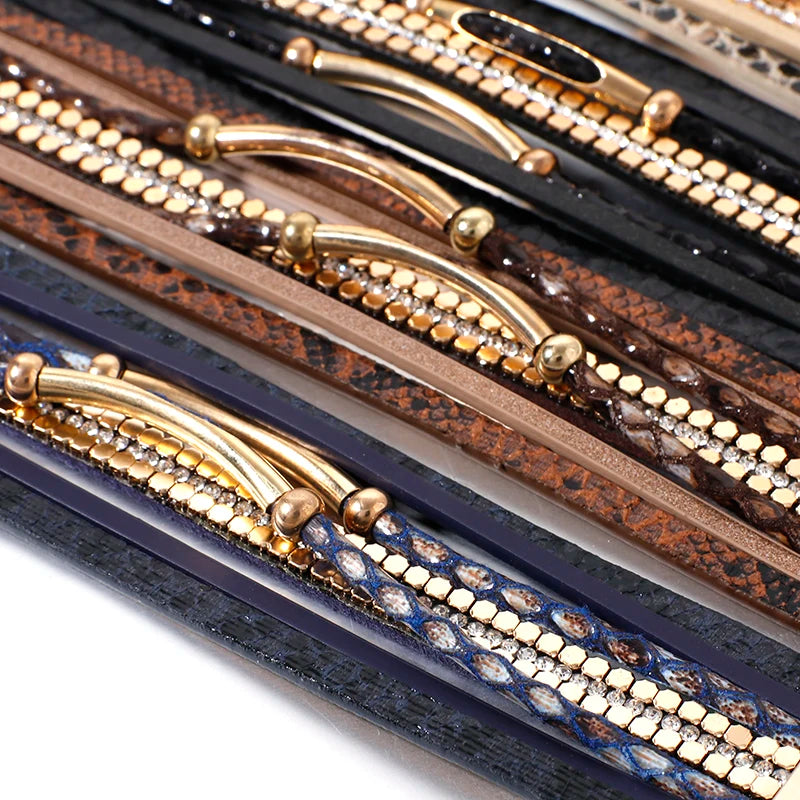 Multilayer Crystal Snake Skin Leather Bracelet for Women Bohemian Party Jewelry