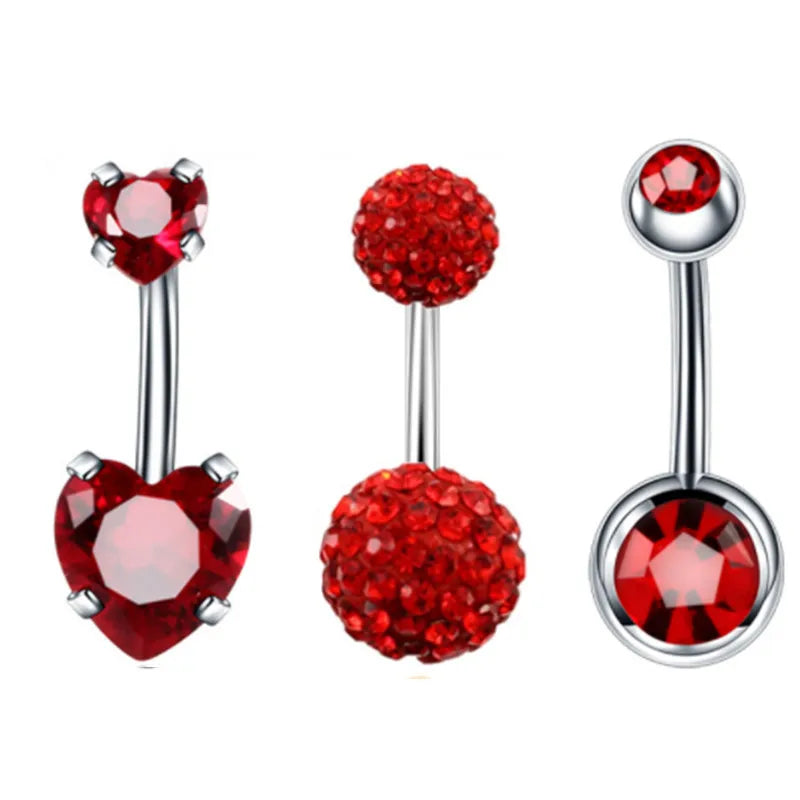 3PCS Surgical Steel Belly Button Piercing Set with Heart CZ Navel Rings - Multiple Colors