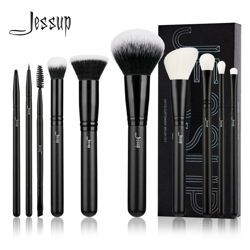 10pcs Makeup Brush Set with Natural and Synthetic Hair for Face & Eyes