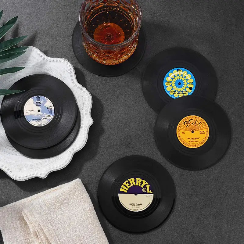 Set of 6 Vinyl Record Coasters with Holder - Retro Music Drink Pads