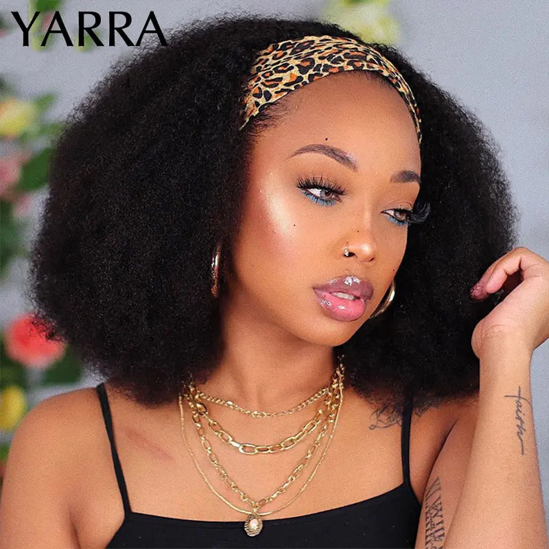 Kinky Curly Human Hair Headband Wig for Black Women - Full Machine Made, Brazilian Remy, 180% Density