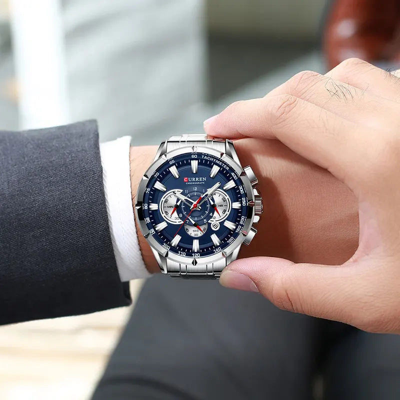 Men's Sport Chronograph Watch with Stainless Steel Band and Big Dial