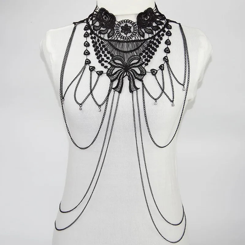 Black Lace Body Chain Jewelry for Women Gothic Costume Accessories Halloween