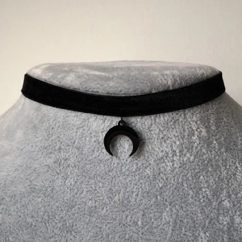 Gothic Crescent Moon Choker Necklace - Black Velvet Statement Jewelry for Women