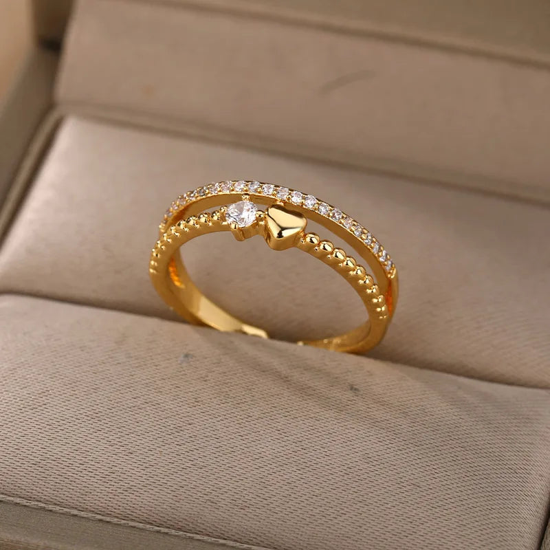 Double Layer Heart Zircon Rings for Women Stainless Steel Wedding Jewelry - Couple Gift