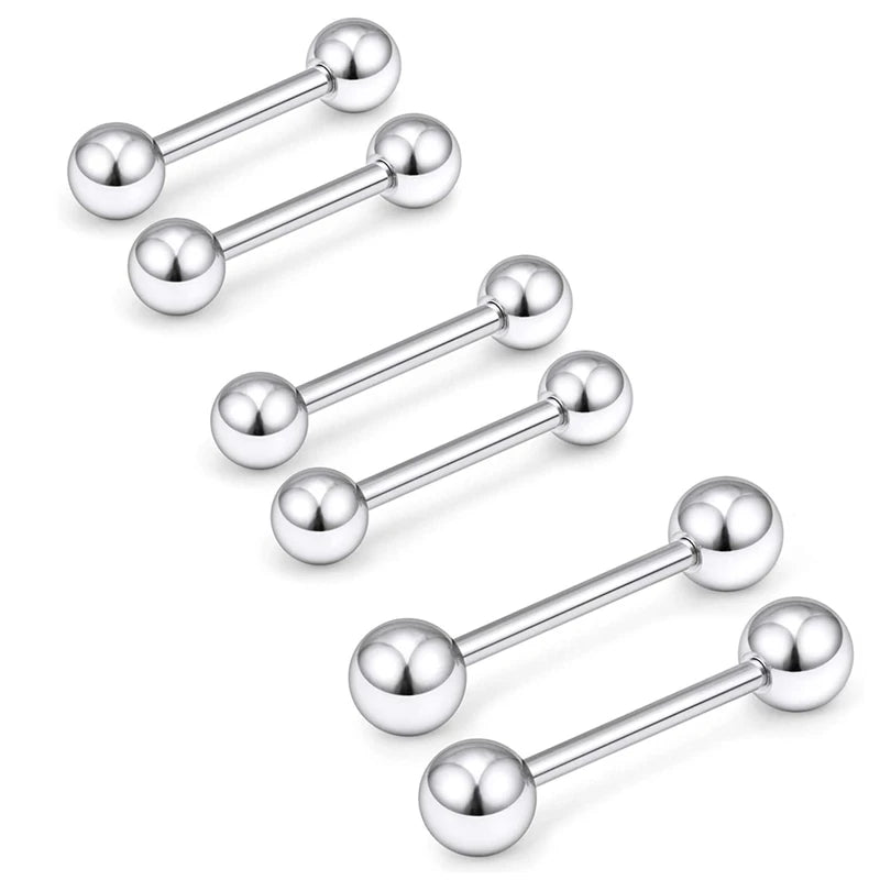 16pcs Stainless Steel Nipple & Tongue Piercing Rings - 14G, Straight Barbell, Multiple Lengths