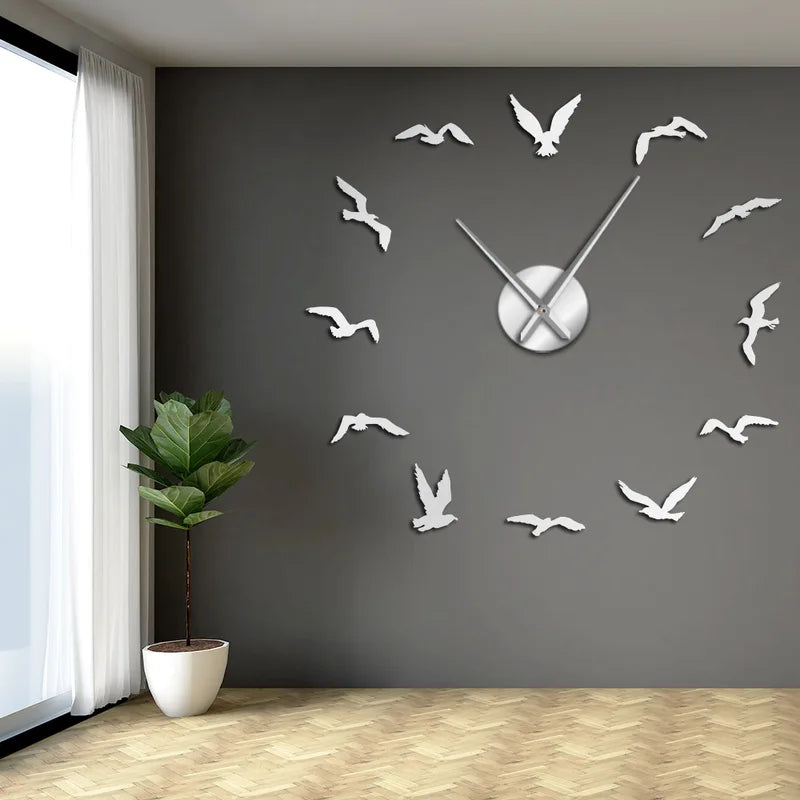 Large DIY Bird Wall Clock - Seagulls Flying Animals Nature Decor