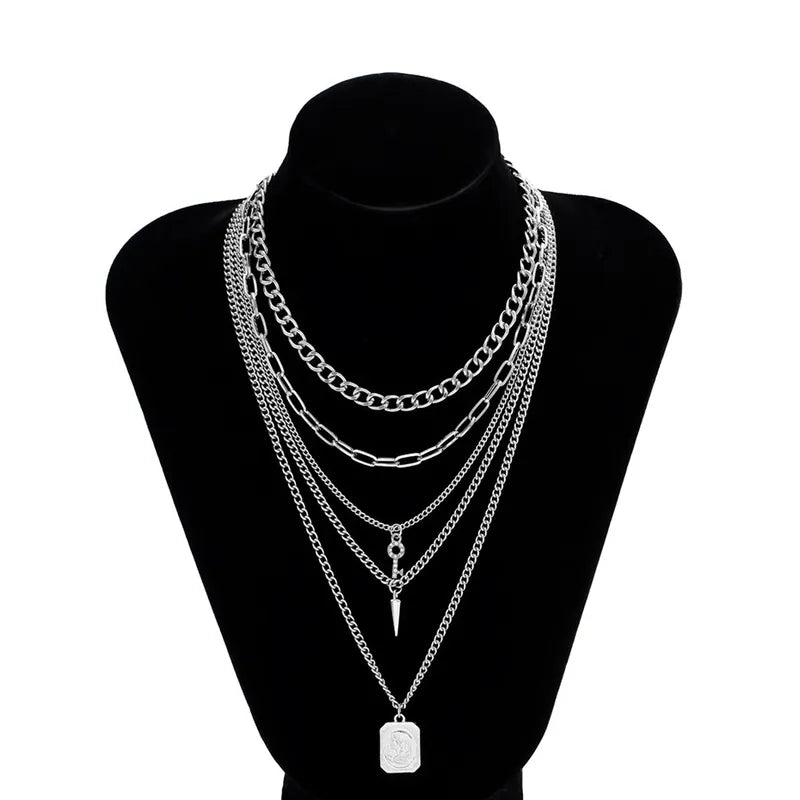 Goth Punk Multilayer Chain Necklace Set with Spike Rivets and Pendant for Women Men Statement Jewelry