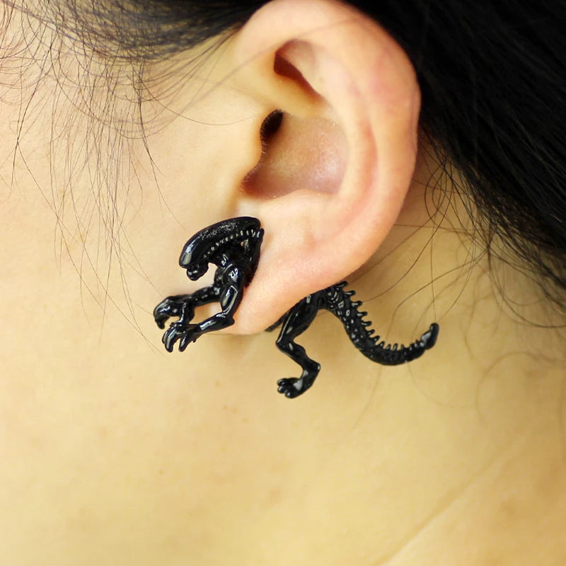 Alien Earrings for Women - 3D Dinosaur Stud Earrings Black Enamel Jewelry