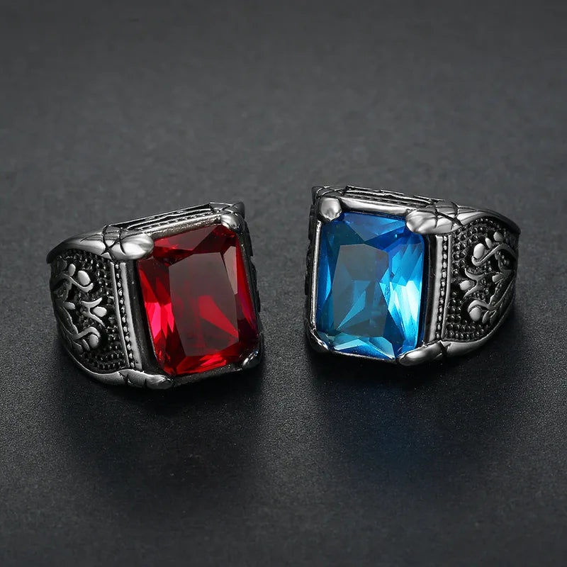 Men's Silver Signet Ring with Semi-Precious Stones - Stainless Steel Jewelry