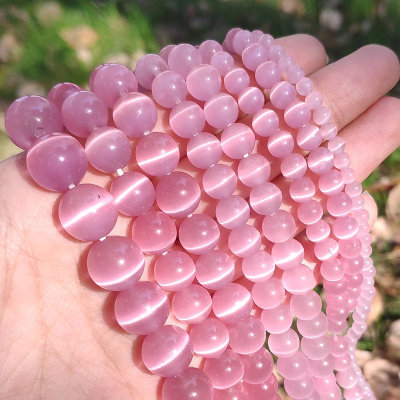 Natural Stone Glass Beads for Jewelry Making - Pink Cat Eye Opal Loose Beads 4-12mm, 15 Inch Strand