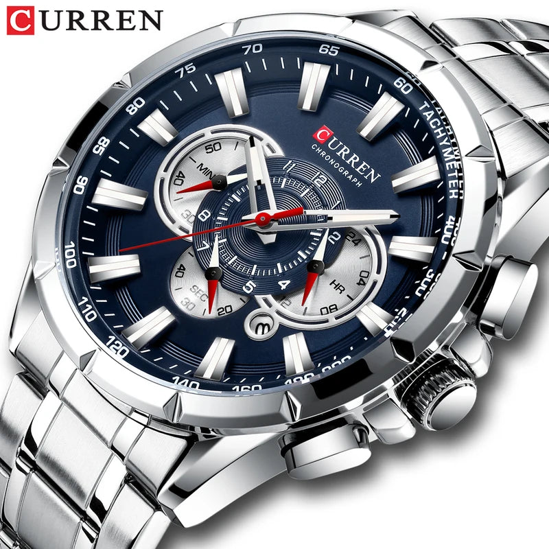 Men's Sport Chronograph Watch with Stainless Steel Band and Big Dial