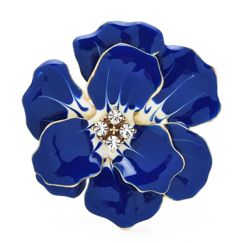 Big Blue Enamel Flower Brooch Pin Jewelry Gift Rose Badge - Gold Color