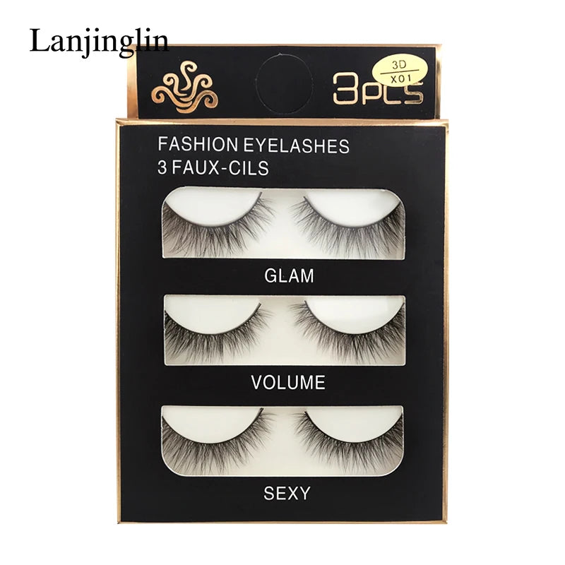 3 Pairs Natural Long Wispy False Eyelashes - Soft 3D Mink Fluffy Makeup Extension