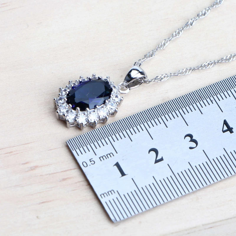 Silver 925 Women Bridal Jewelry Set with Blue Zirconia Necklace Earrings Rings Bracelets Pendant