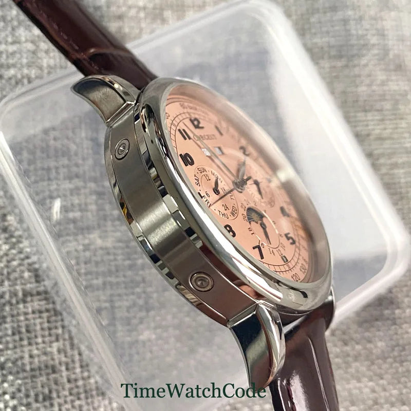 Automatic Men's Watch 42mm Multifunction with Leather Strap & Date Day Month