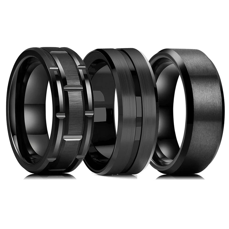 Men's Black Titanium Wedding Band Ring 8mm Double Groove Beveled Edge Stainless Steel